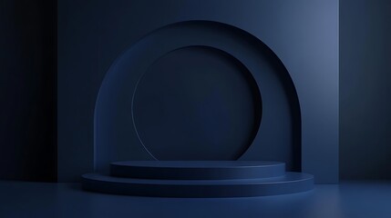 Dark Blue Product Display Podium with Circular Arches Background for Showcase Advertisement