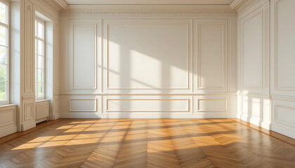 Elegant interior with white classic wall panel and light brown wooden floor