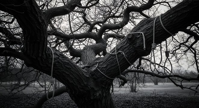Tree with Rope Nooses in Dark Landscape
