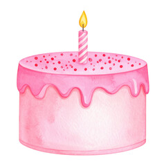 Watercolor pink birthday cake with candle, isolated on transparent background, celebration, dessert, and party.