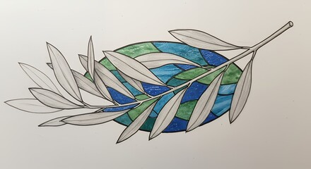 Obraz premium Olive Branch Drawing with Blue and Green Oval