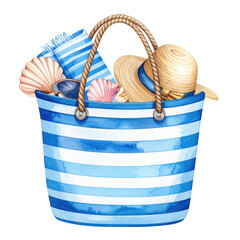 Striped beach bag with hat, towel, sunglasses and seashells, isolated on transparent background. Summer vacation, travel, holiday concepts.