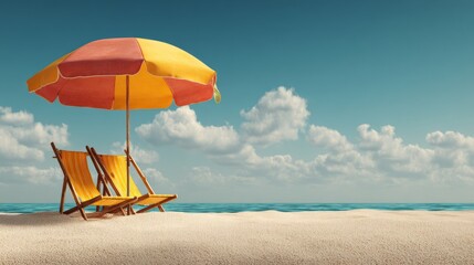 Beach umbrella and chairs on golden sand, summer relaxation and getaway concept
