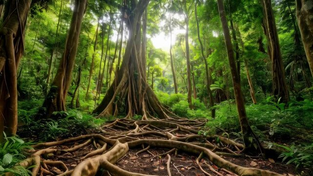 View of lush rainforest with large tree with complex network of roots growing above ground and other trees reaching for the sky