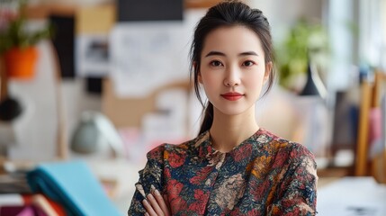 A young Asian female fashion designer poses confidently in her studio, showcasing her unique style and artistic vision. The vibrant scene encapsulates creativity and professionalism.