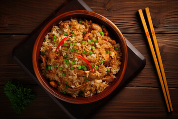 Chicken fried rice cooked and presented in a wok with a wooden background captured from above
