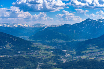 Beautiful panorama view of Wipptal valley and Tyrolean Alps south of Innsbruck from Hafelekarspitze peak in spring on a sunny day, Innsbruck, Austria