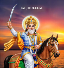 Obraz premium Jhulelal Sai, the divine protector, is depicted as Jhulelal Sai sitting majestically on a horse with a sword. Jhulelal Sai blesses devotees on Chetichand.