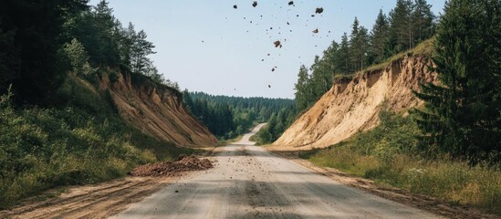 Dramatic erosion along a rural road creating a visually striking scene