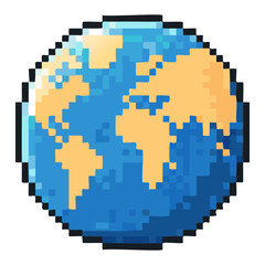 Pixel art globe illustration showcasing continents and oceans, perfect for gaming, technology, and environmental themes