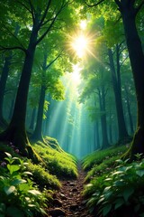 A breathtaking panoramic view of a lush forest canopy stretching to the sky, sunlight filtering through the leaves Perfect for nature, travel, and environmental themes , shadow, daylight