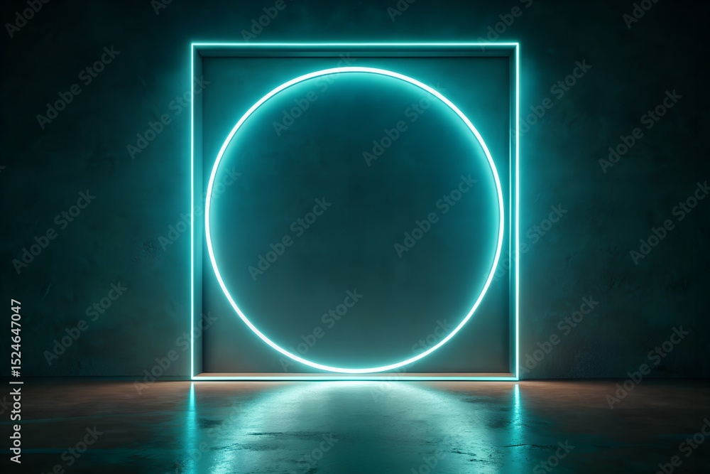 Wall mural neon circle within square as abstract minimalist light installation in dark digital background