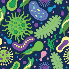Microscopic Art Style Vector Pattern Featuring Interconnected Gut Flora Elements  