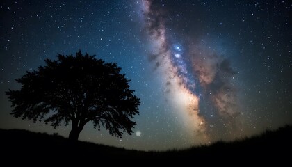 Naklejka premium Silhouette of a tree under a vibrant Milky Way galaxy sky