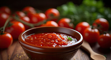 Closeup of sauce in wooden spoon with tomatoes olive oil and herbs in the background