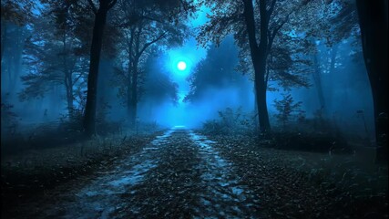 Mysterious glowing light orb floating in a foggy forest trail during a dark magical night - Powered by Adobe