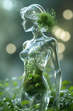 Ethereal Glass Woman Sculpture Embracing Nature s Beauty and Serenity in a Botanical Display