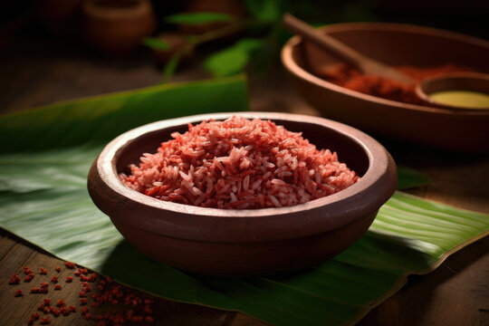 Earthenware with kitchen background showcasing Kerala Matta rice