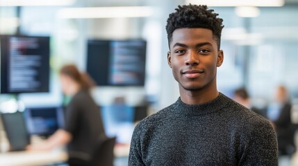 This portrait features a young Black man in a modern workspace. He exudes confidence and friendliness in a professional environment, showcasing contemporary style.