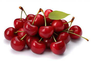 Fresh cherries with stems and leaves isolated on a white background available with clipping path