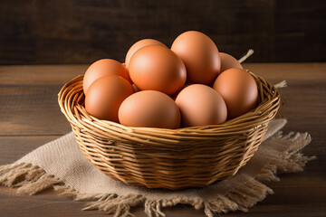 Fresh chicken eggs arranged on wooden surface