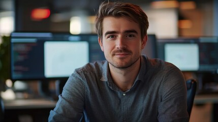A young European male software engineer poses confidently in a modern office setting. His focused expression reflects a blend of professionalism and creativity in the tech industry.