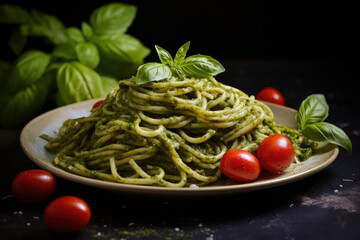 Green background pasta with pesto genovese spaghetti