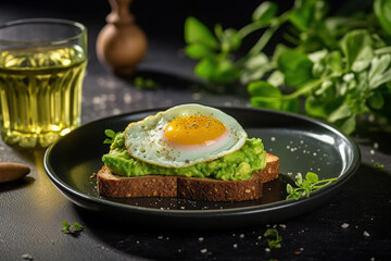 Healthy breakfast concept Whole grain toasts topped with avocado and fried eggs served with water