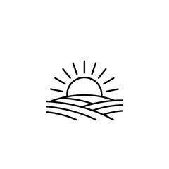Simple sunrise over rolling hills landscape. Peaceful sunrise scene with sun rays and minimalist hills design. Perfect sunrise illustration for branding and logo design.