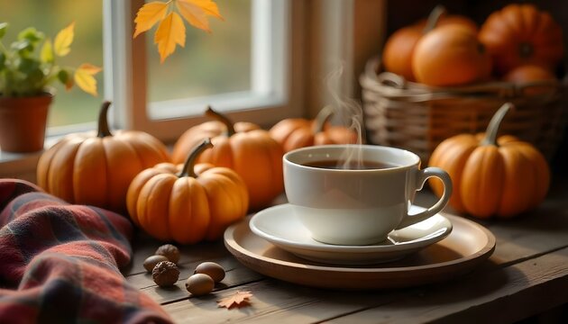 Window sill adorned with pumpkins and coffee, capturing the essence of a cozy autumn day with falling leaves