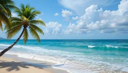 Tropical beach paradise with palm trees and turquoise ocean