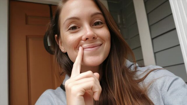 A woman with long brown hair making a silly face and kissing her own cheek