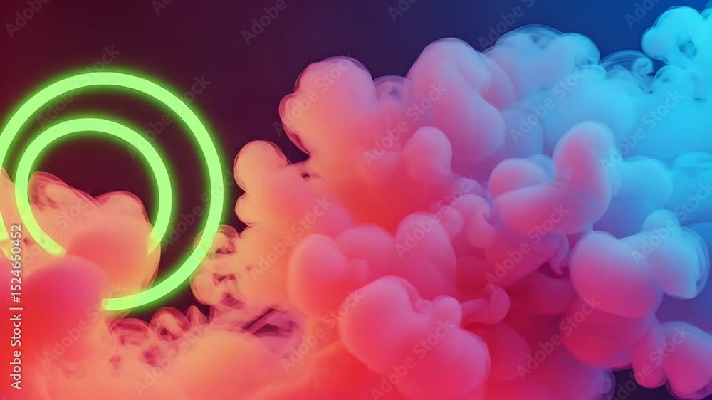 Poster glowing neon green circles surrounded by red and blue ink clouds flowing in black background with sm