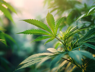 Cannabis top leaf inside a sealed indoor greenhouse.
