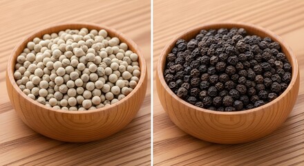 Two wooden bowls filled with white and black peppercorns on a wooden surface shot close up