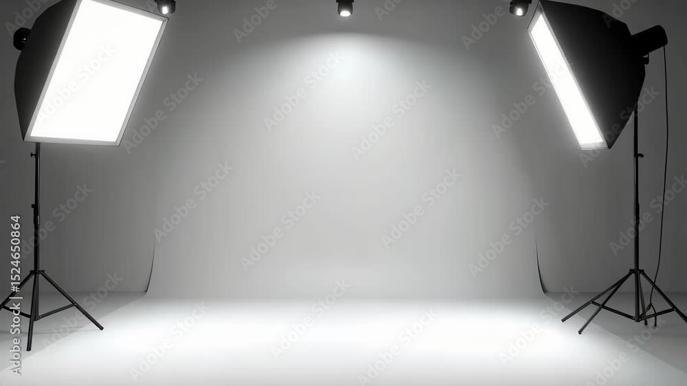 Poster studio setup featuring blank white backdrop illuminated by softbox lights, ideal for photography or 