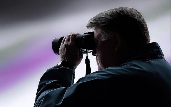 Silhouette of man using binoculars