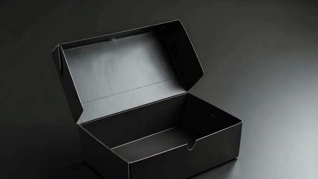 Open rectangular black box on dark surface, providing packaging or storage option for products with a sleek, modern design.