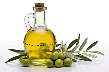 Isolated glass bottle with green olives and olive oil on white background