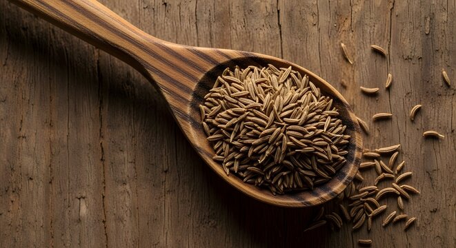 Close up of cumin seeds in wooden spoon on rustic wooden surface background detail