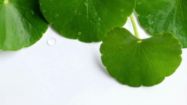 Gotu kola foliage edges a white frame with dew drops, creating natural border or presentation background.