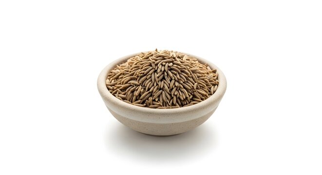 A small bowl filled to the brim with cumin seeds on a plain white background view