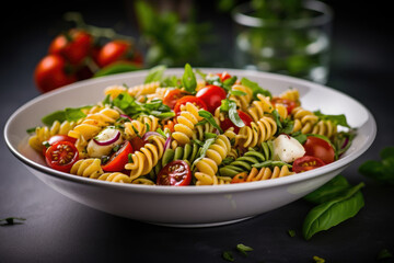 Italian cold pasta salad with fusilli tomato mozzarella olive and arugula served in a white bowl with fresh vegetables on a background