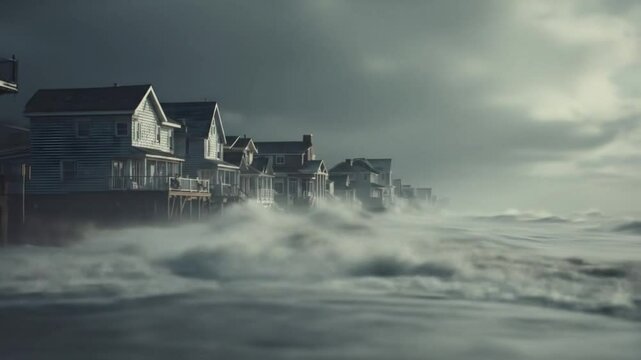 a coastline being swallowed by rising sea levels, with waves crashing into beachside houses and eroding the shoreline