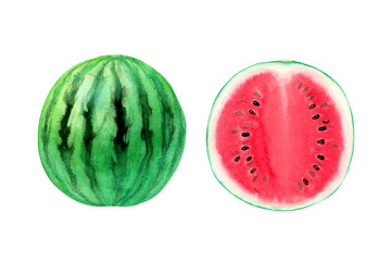 スイカ 赤　果物 断面　水彩 イラスト