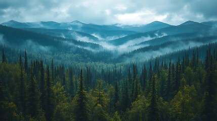 Obraz premium Misty mountain valley in evergreen forest