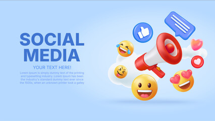 3d vector Megaphone with emoticon bubble talk background template, icon and symbol, happy love fun laugh