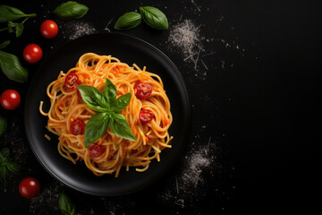 Italian pasta with tomato sauce basil and cheese on black background view from above with space for text