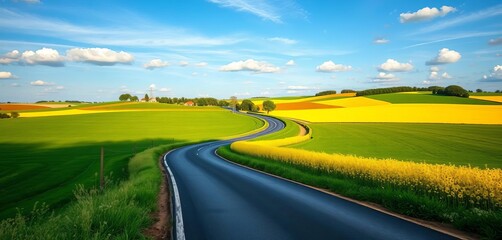 Obraz premium Vibrant summer countryside scene, winding road through green fields and blue sky, illustration, summer day