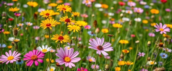 Fototapeta premium Vibrant spring wildflowers blooming in lush meadow, spring, beauty
